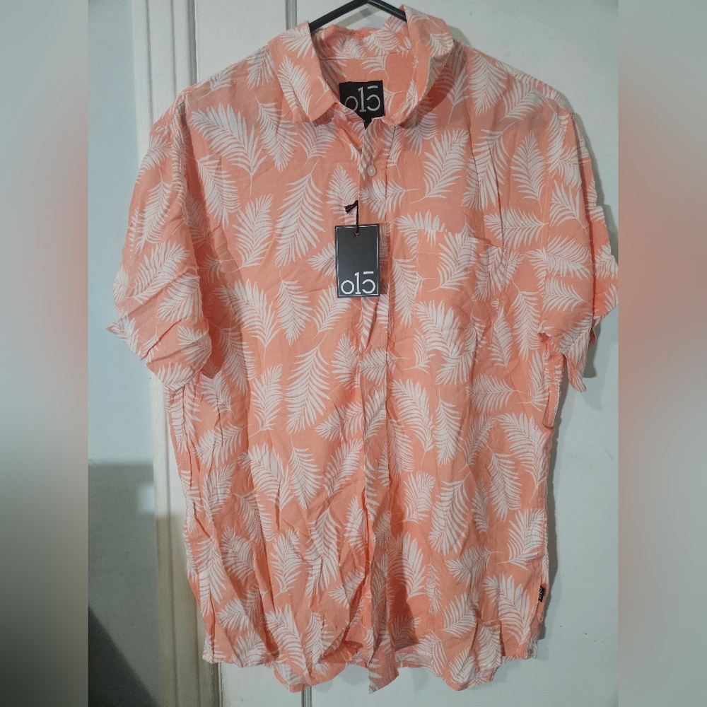 015  Men's Pastel Orange Palm Tree Button Down Shirt Size Medium